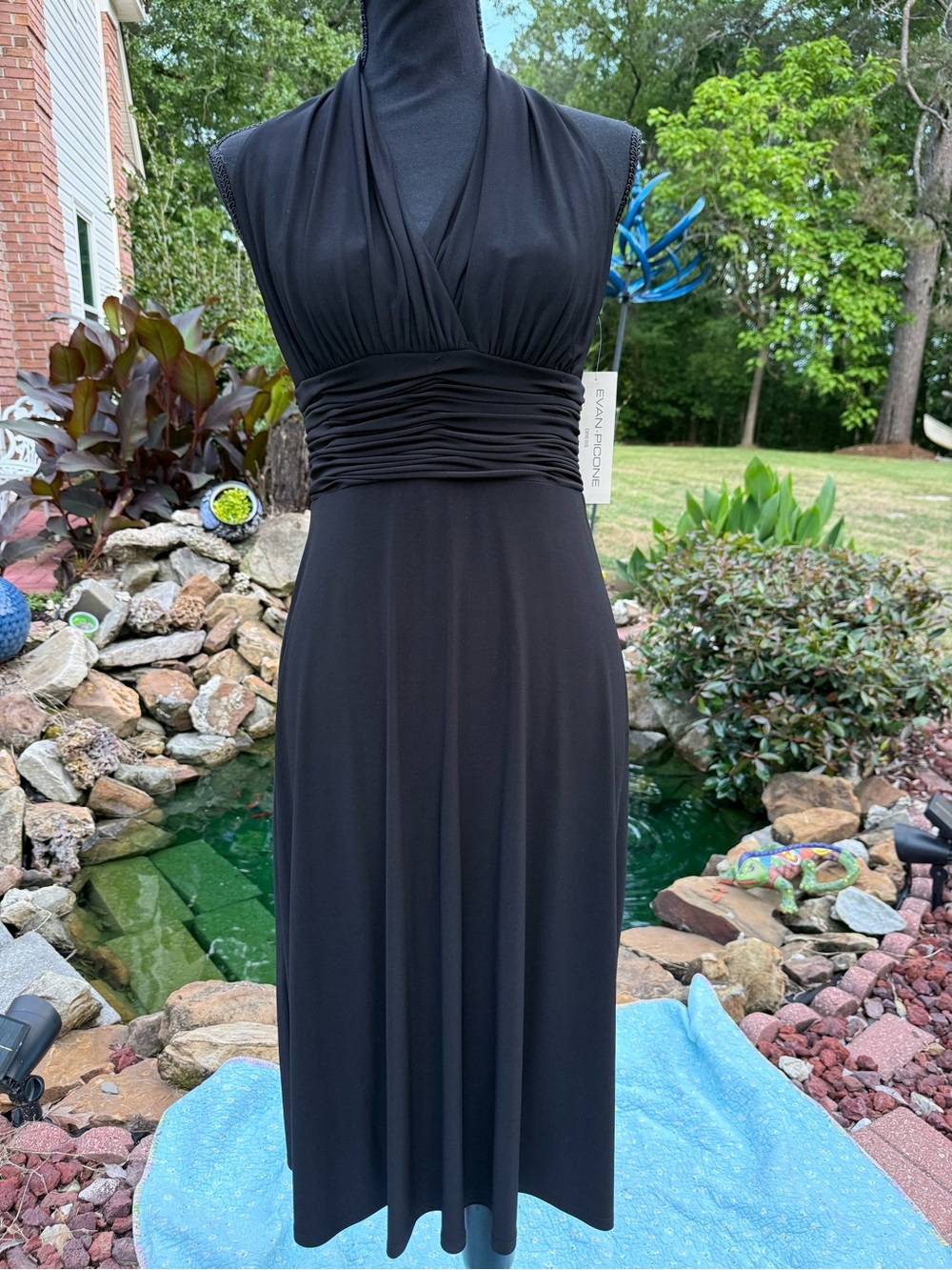 Evan Picone Black V-Neck Ruched-Waist Midi Dress